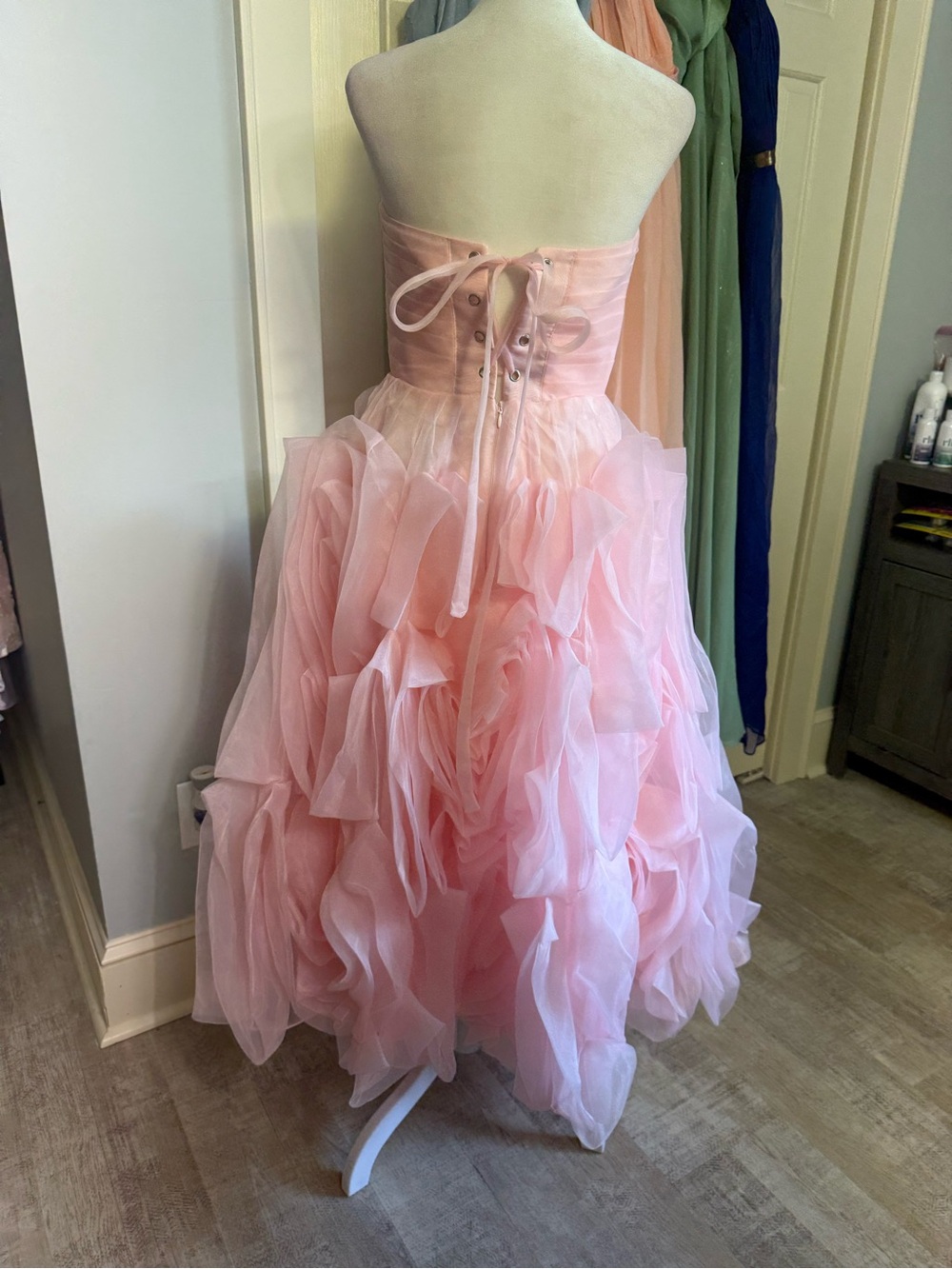 Strapless Pink Ruffle Tea-Length Dress - Picture 3 of 3